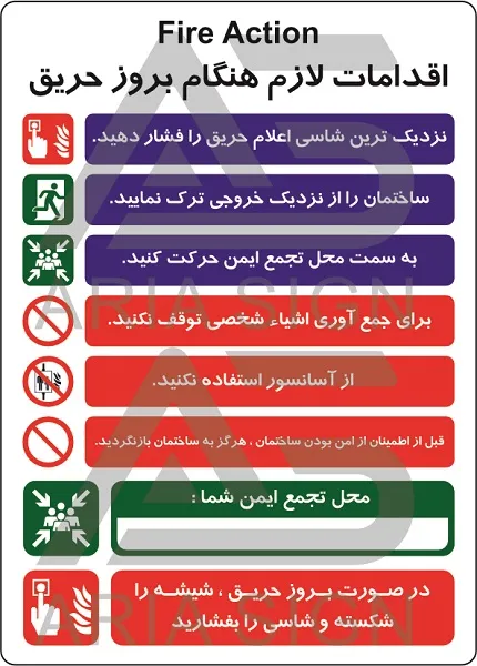 تابلوی اقدامات لازم هنگام بروز حریق